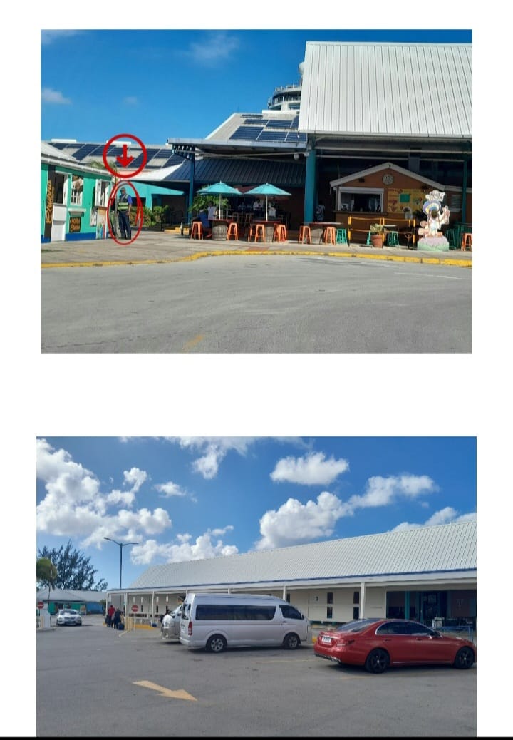 Bridgetown Seaport curbside pickup area, showing the outside bar and the waiting point past it