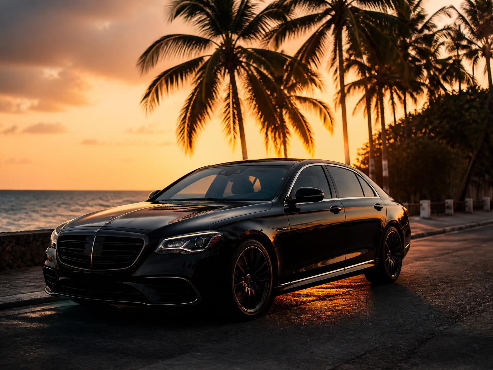 Luxury black chauffeur sedan on a Barbados coastal road at golden hour